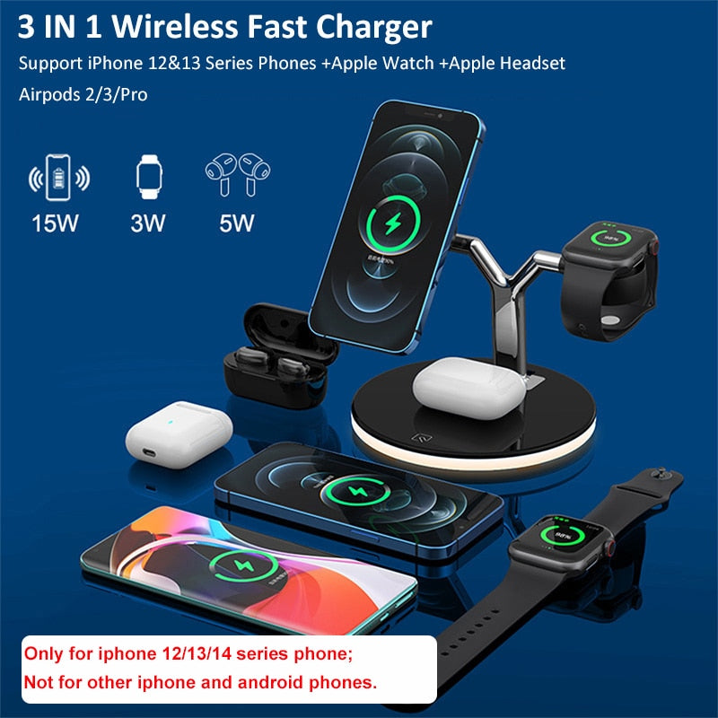 3 in 1 Magnetic Wireless Charger Stand For iPhone 12 13 Mini Pro Max/Apple Watch 15W Fast Charging Dock Station For Airpods Pro