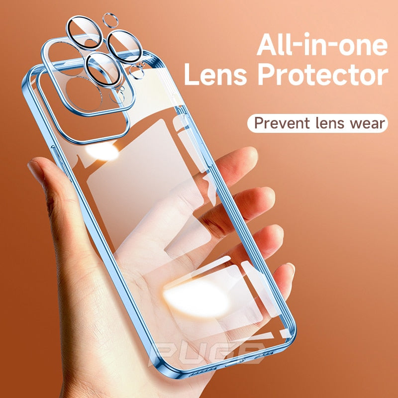 Luxury With Lens Protector Transparent Silicone Case For iPhone 14 Plus 11 12 13 Pro Max X XS XR Plating Clear Shockproof Cover