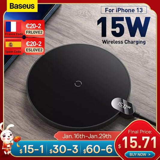 Baseus 15W Qi Wireless Charger For iPhone 13 12 Pro Max Digital Display Fast Wireless Charging  For Samsung Xiaomi pad 5 HuaWei