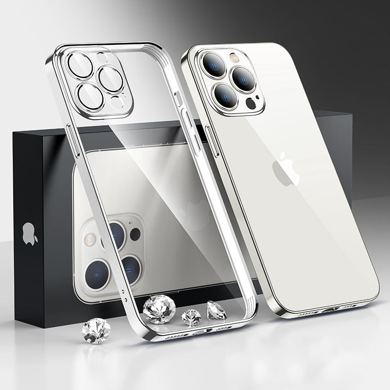 Luxury With Lens Protector Transparent Silicone Case For iPhone 14 Plus 11 12 13 Pro Max X XS XR Plating Clear Shockproof Cover