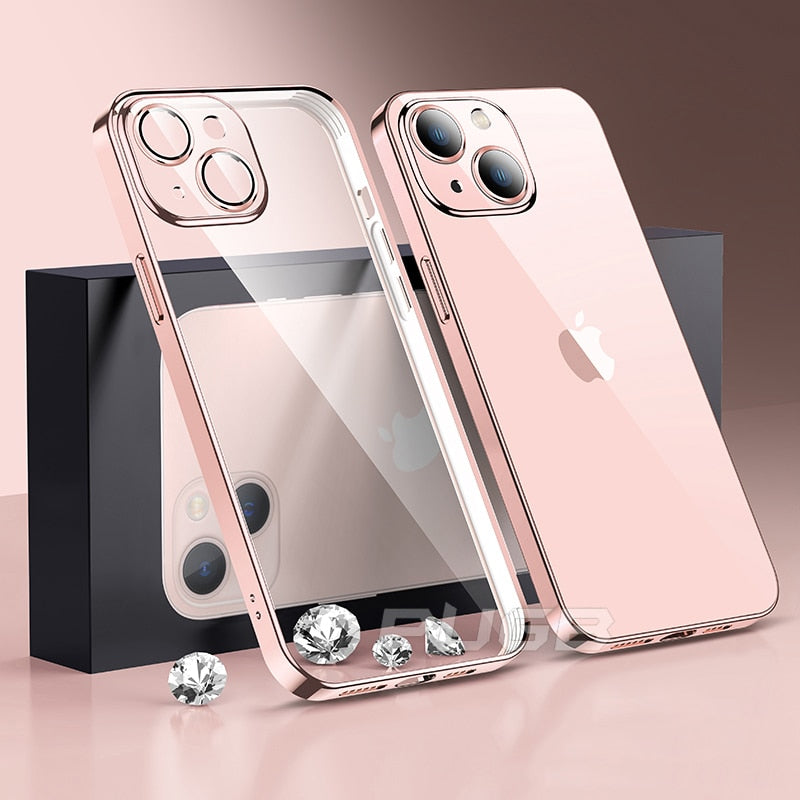 Luxury With Lens Protector Transparent Silicone Case For iPhone 14 Plus 11 12 13 Pro Max X XS XR Plating Clear Shockproof Cover