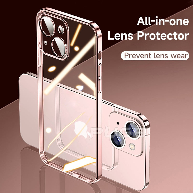 Luxury With Lens Protector Transparent Silicone Case For iPhone 14 Plus 11 12 13 Pro Max X XS XR Plating Clear Shockproof Cover